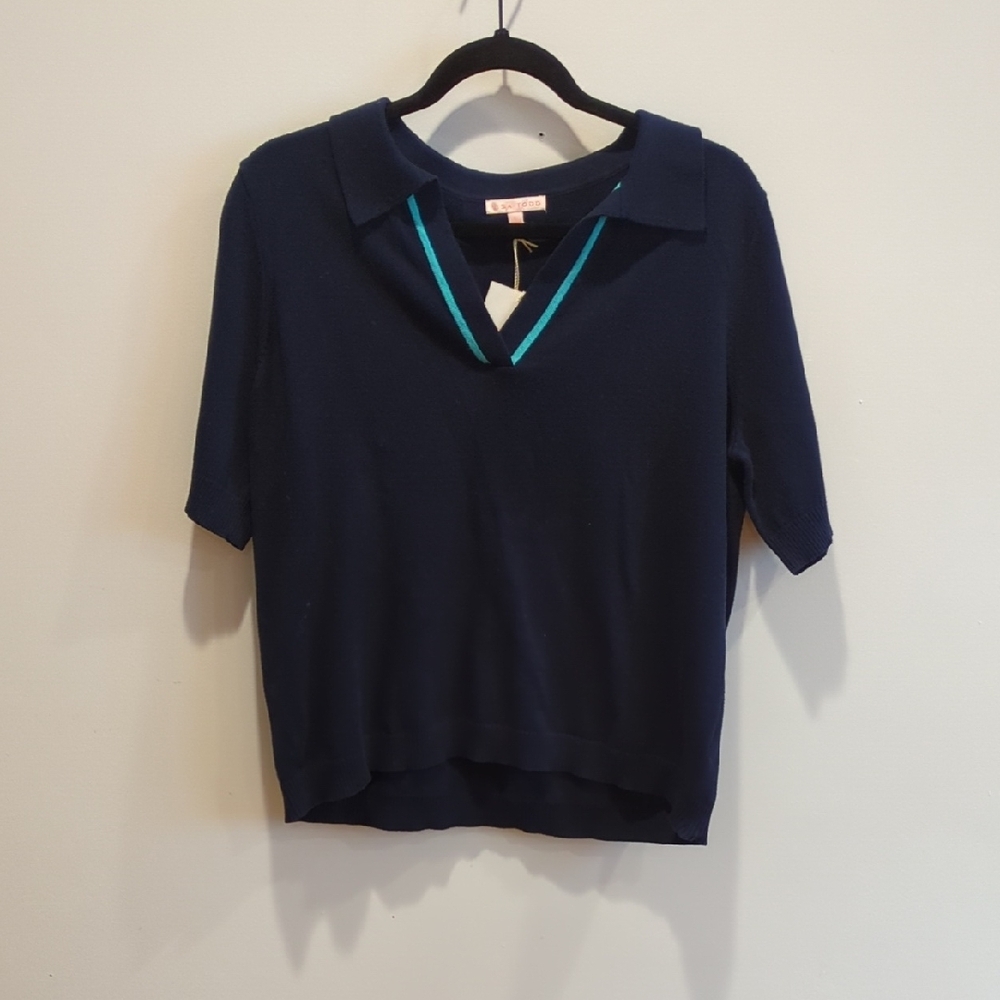 Designer Luxury Minimal Preppy Golf Lisa Todd Cotton Polo Sweater Navy Large NWT